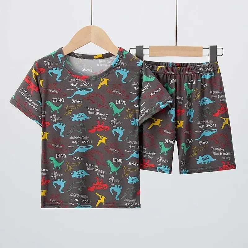2 Pcs Summer Childrens Fun Printed Shorts Short Sleeve Suit Boy Colorful Dinosaur Top Girl Sweet And Lovely Elastic Waist Short H260403