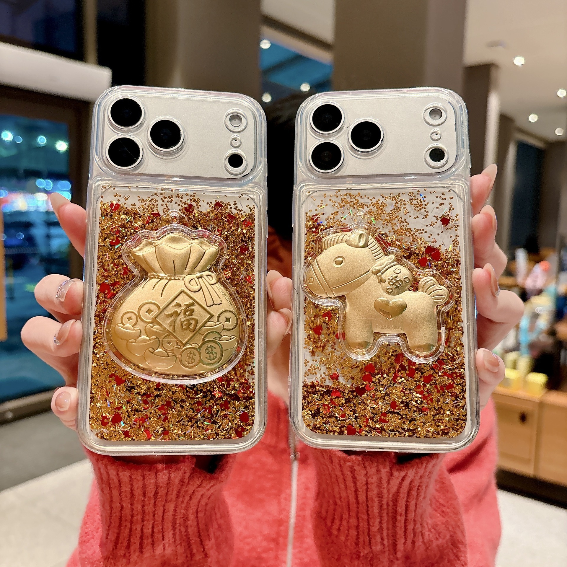 Designer Luxury Gold Quicksand Phone Case, 3D Lucky Horse Money Bag Bling Glitter Cover For Iphone 17 14 13 Pro Max, Premium Fortune Gift With Chain