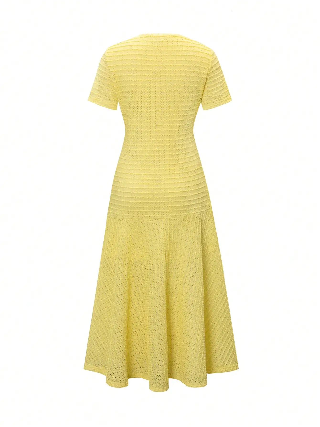 Yellow Textured Knit Midi Dress with Front Buttons and Faux Pockets 260403