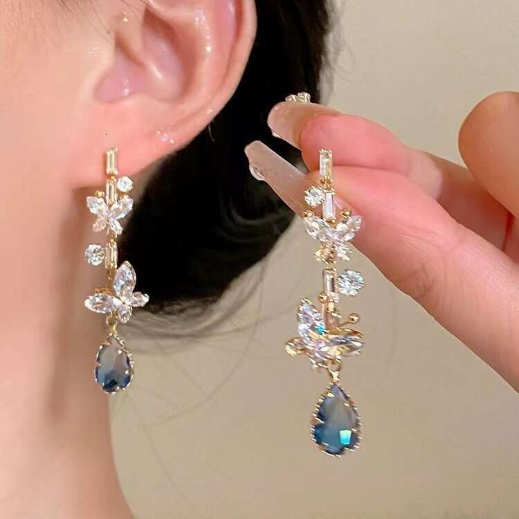 Autumn Winter Blue Water Drop Butterfly Super Fairy High-End Full Diamond Long Earrings Elegant Socialite Style Light Luxury Ear Jewelry