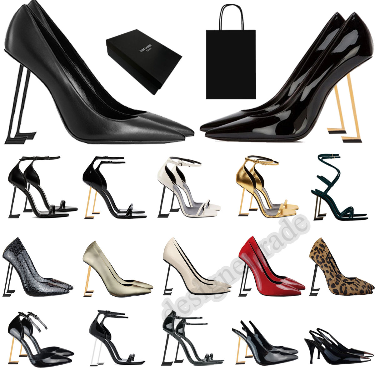 Women Designer High Heels Dress Shoes Mules Lady Genuine Leather Pumps White Black Golden Patent Sandals Classic Style 100mm 80mm Heel