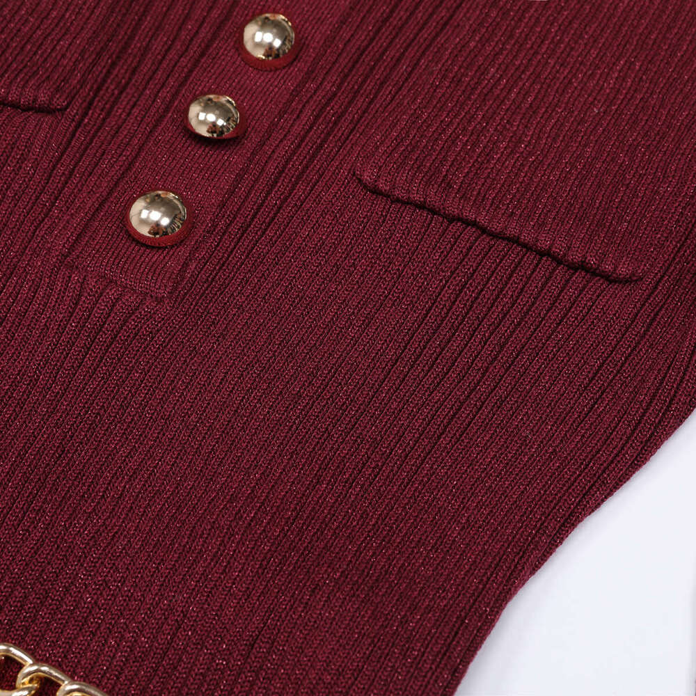 Spring and Autumn New Designer High Quality Fashion Knitted V-neck Slimming Chain Belt k30 Long Sleeve Dress
