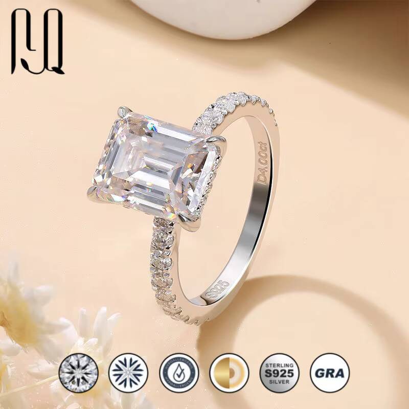 Hidden Halo 4 Ct Emerald Cut Moissanite Ring for Women in S925 Silver Platinum Plated Wholesale Dropshipping