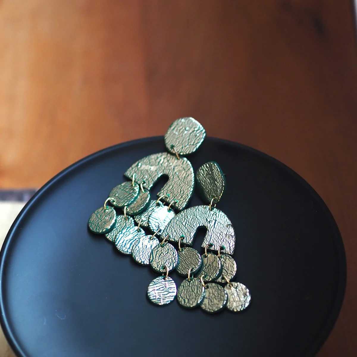 Polymer Clay Boho Geometric Dangle Earrings for Women Half Moon Arch with Coin Discs Textured Statement Lightweight Gift New H260403