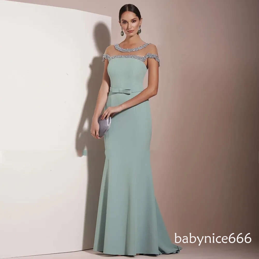 2026 Modern Sage Women Formal Evening Dress Scoop Beading Pearls Cap Sleeves Mermaid Satin Long Prom Pageant Party Gowns Birthday Robe De Soiree