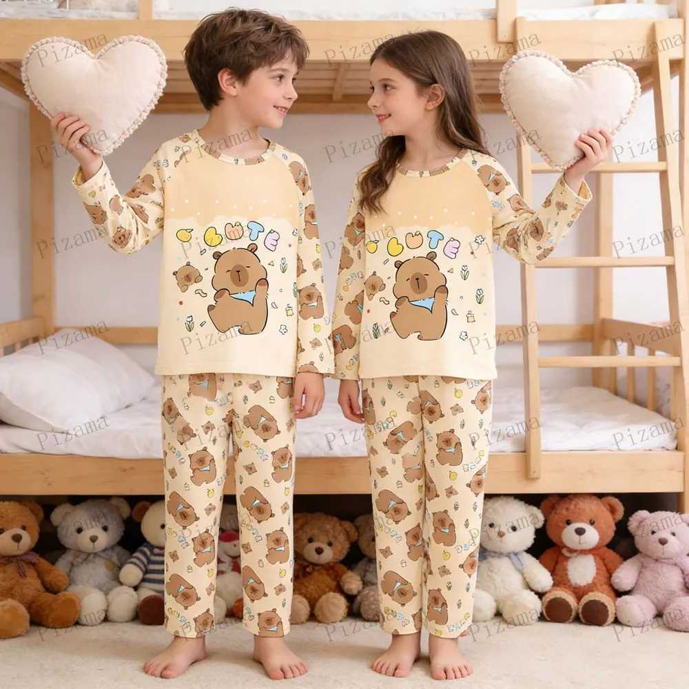 Capibara Kids Pajama Sets Long Sleeve Loungewear with Cute Animal Print Soft Sleepwear for Boys Girls Cartoon Sleepwear Outfit H260403