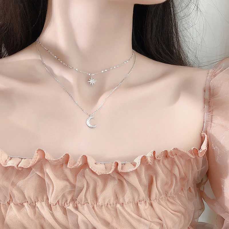 925 Silver Necklace for Women Double Layer Zircon Star Moon Pendant Necklace Delicate Chain Charm Elegant Fashion Jewelry Gifts H260403