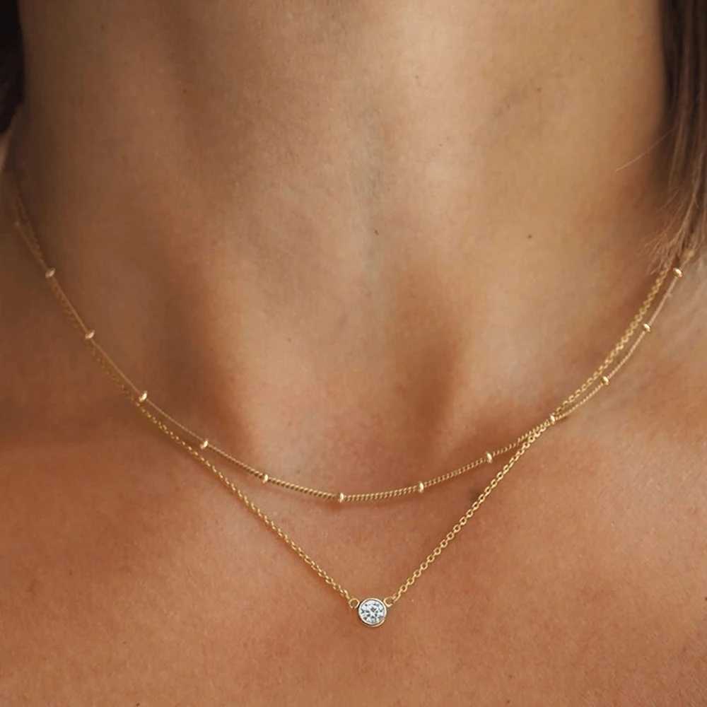 Stainless Steel Zirconia-Inlaid Pendant Double-Layer Necklace Ladies Refined Luxury Elegant Layered Beaded Necklace Jewellery H260403