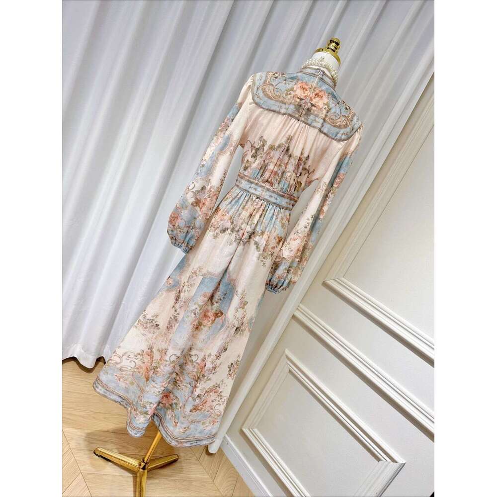 Designer k30 elegant printed long sleeved dress with small stand up collar, bubble sleeves, waist cinching, cotton and linen dress