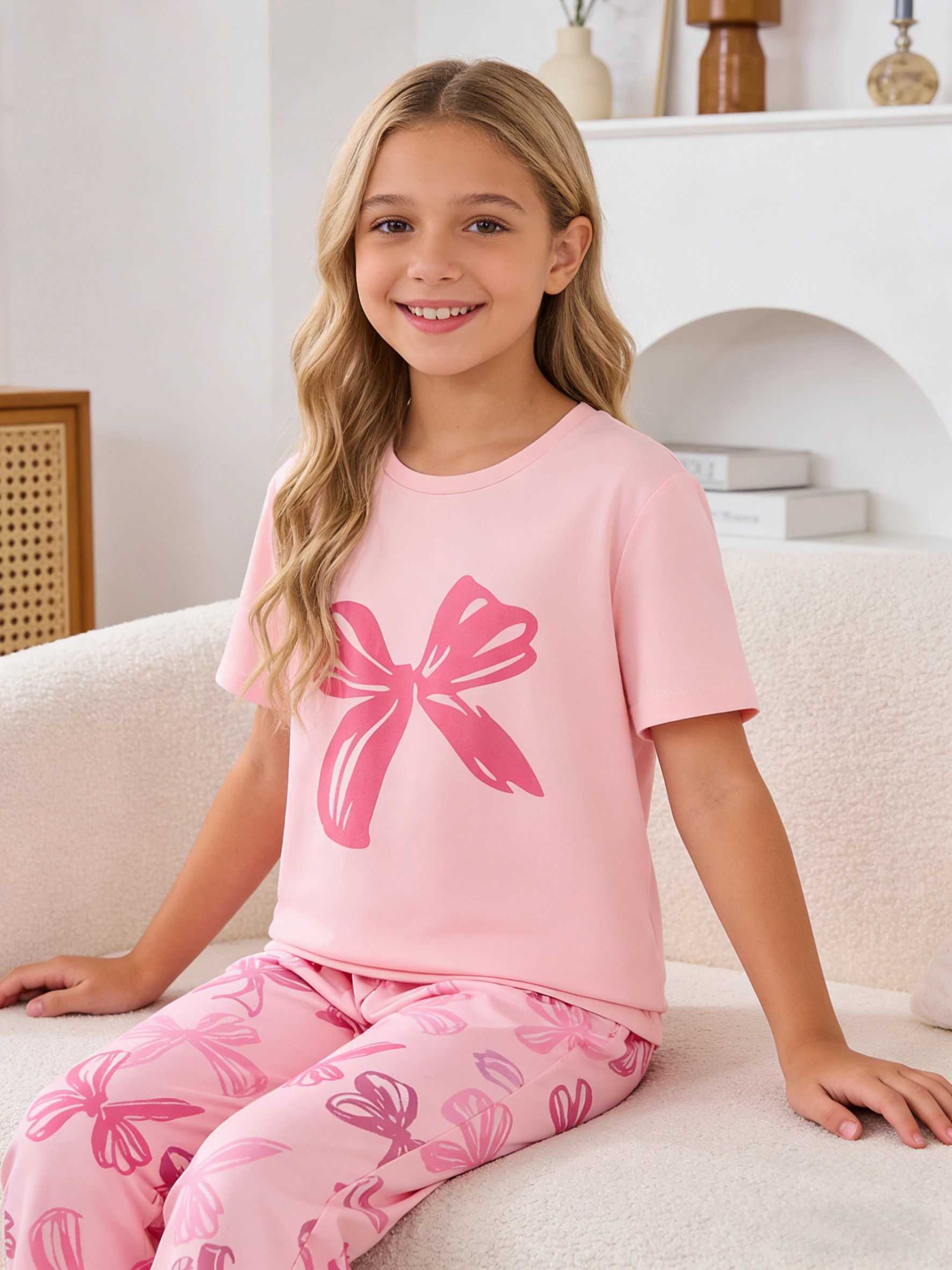 Girls home clothes set girls casual bow-tie short-sleeved trousers suitable for home wear in spring summer and autumn H260403