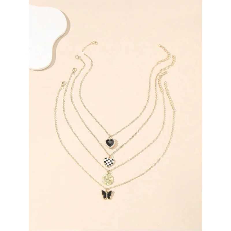 4pcs/Set Fashionable Heart Rose Flower Metallic Checkered Butterfly Alloy Pendant Necklace Set For Women H260403