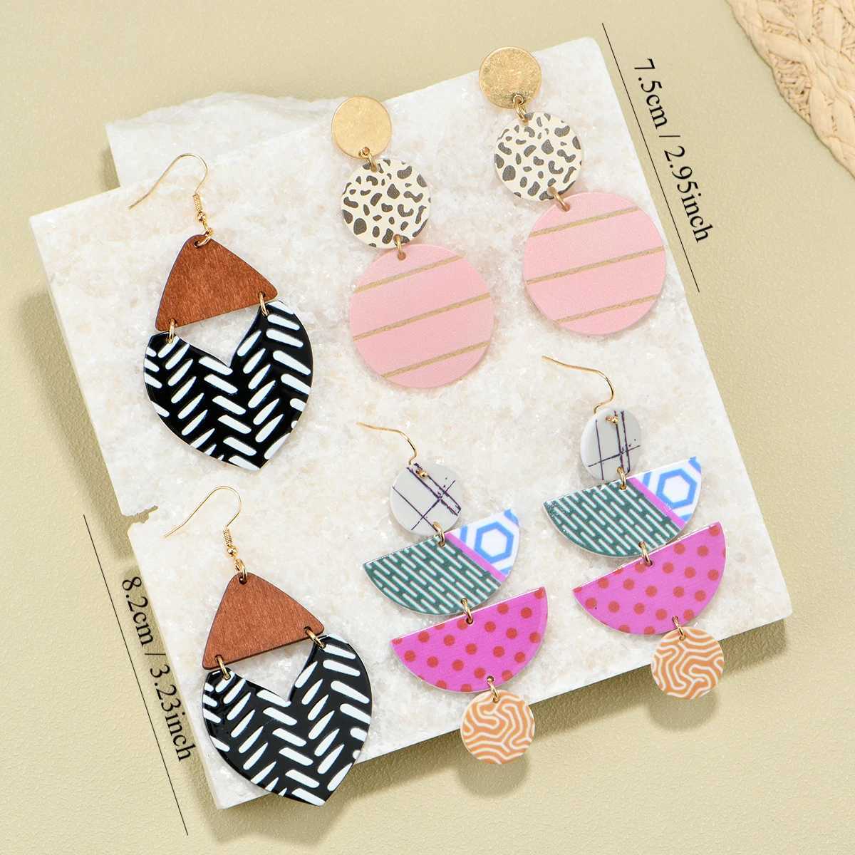 Trendy Geometric Style Earrings Wooden Triangle Splicing Colorfulful Polka Dot Stripess Personalized Versatile Earring Set H260403