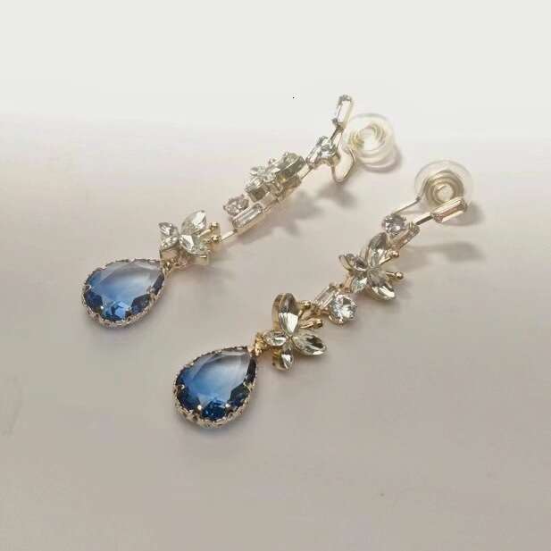 Autumn Winter Blue Water Drop Butterfly Super Fairy High-End Full Diamond Long Earrings Elegant Socialite Style Light Luxury Ear Jewelry