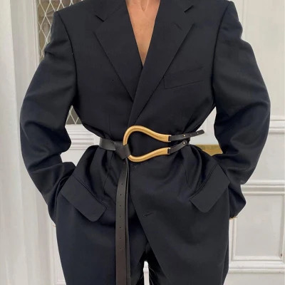 Genuine Leather double Belts Metal U Buckle belt women girls retro vintage large belt for coat jeans black white 260403