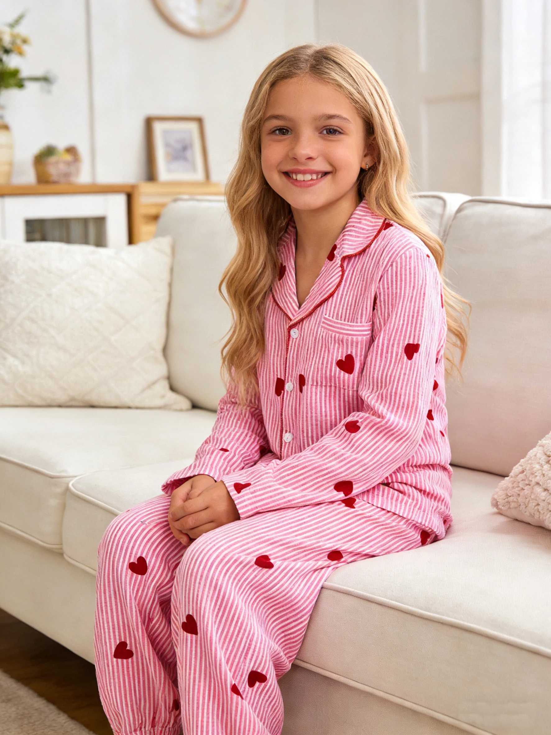 Spring and autumn childrens home clothes set girls heart-shaped striped top and trousers suitable for daily casual wear H260403