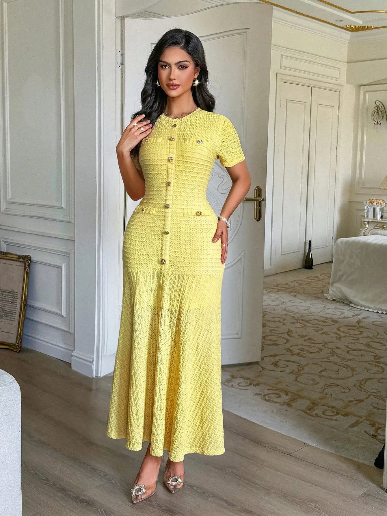 Yellow Textured Knit Midi Dress with Front Buttons and Faux Pockets 260403