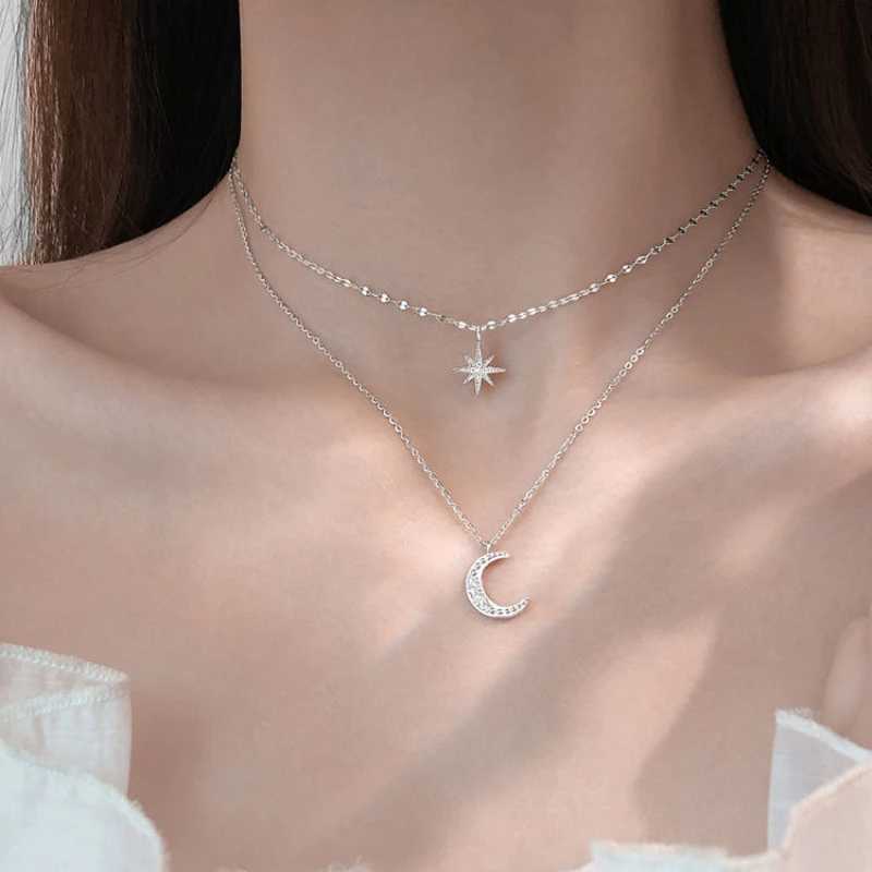 925 Silver Necklace for Women Double Layer Zircon Star Moon Pendant Necklace Delicate Chain Charm Elegant Fashion Jewelry Gifts H260403