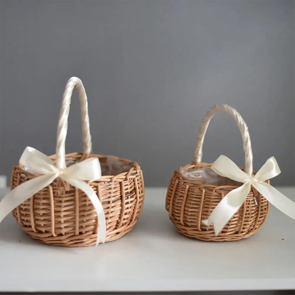 Wicker Rattan Flower Basket with Handle Candy Storage Woven for Wedding Party Decor 260403BJ - view 4