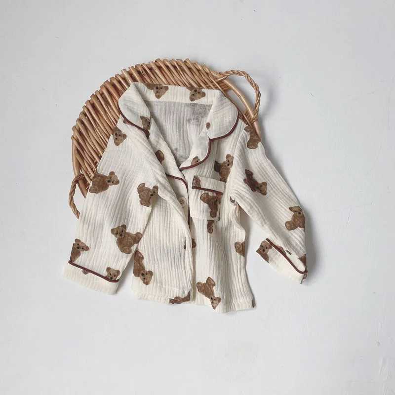2Pcs Autumn New Kids Pajamas Korean Long Sleeve Print Bear Cardigan And Pants Cotton Musline Yarn Sleepwear H260403