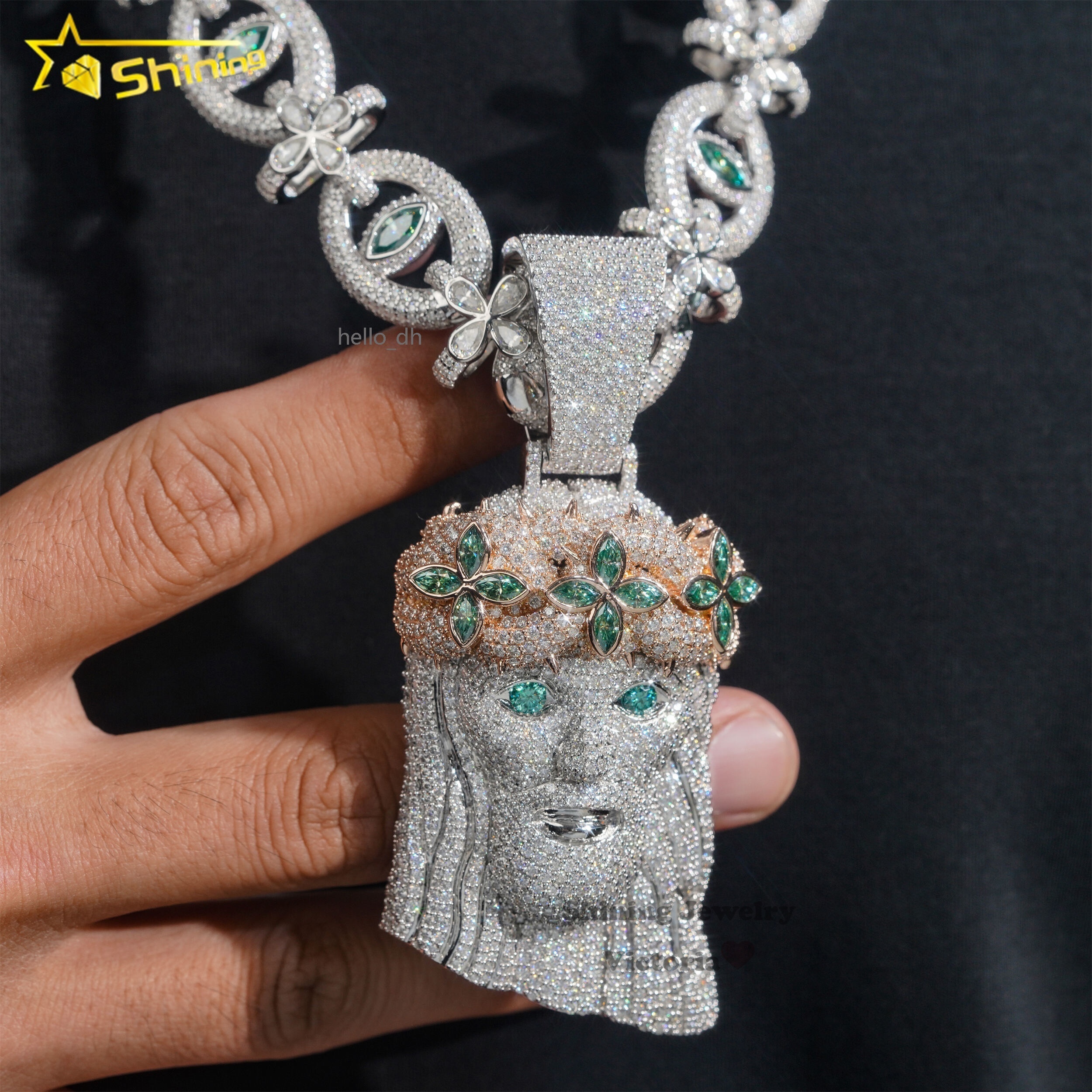 Custom Religion Hip Hop Jewelry 925 Sterling Silver Soild Vvs Green Moissanite Diamond Jesus Pendant Iced Out Enamel for Men