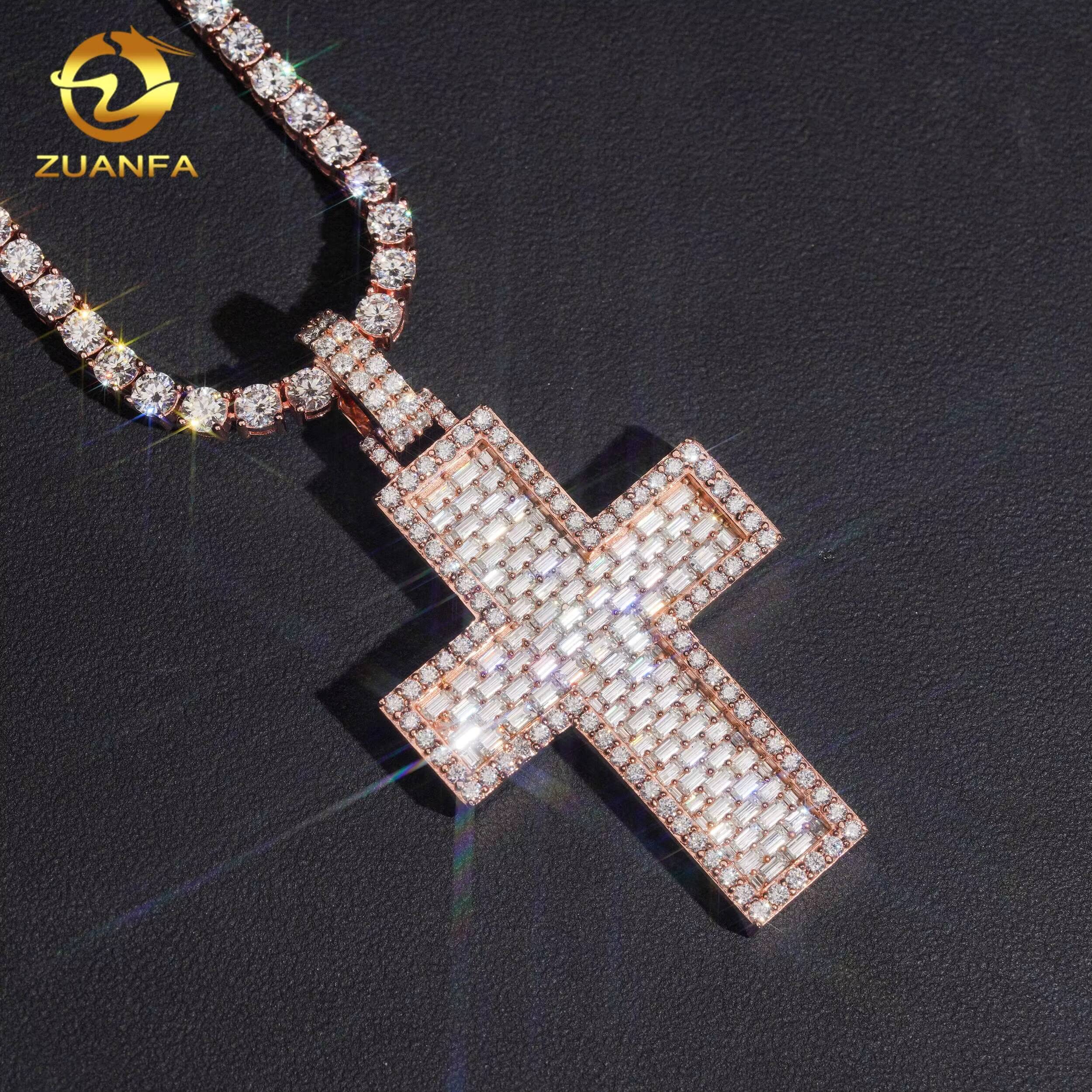 High Quality High Density Micro Paved Moissanite Chain Pendant Cross Custom Hip Hop Pendant Moissanite Religious Jewelry