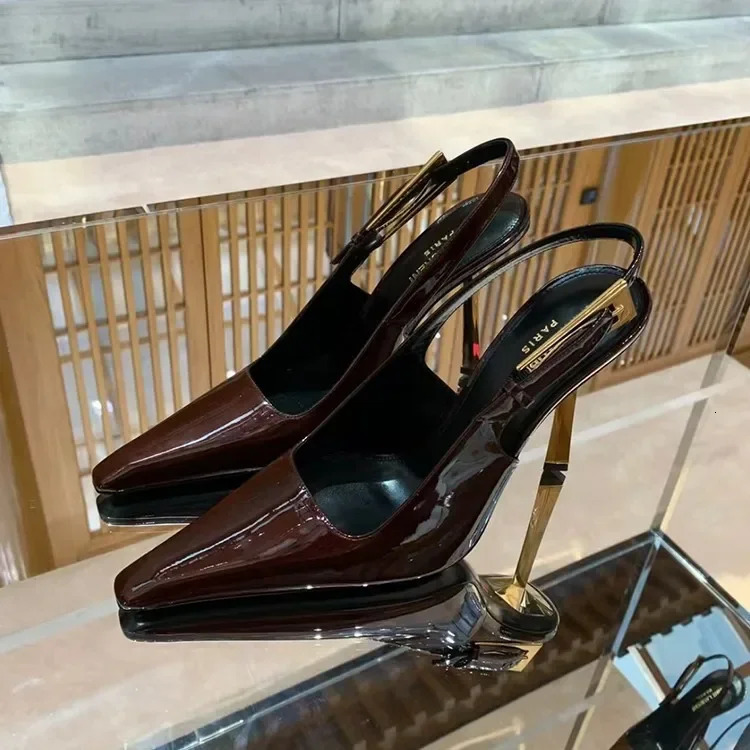 Black Leather Pointed Toe Pumps, Women's High Thin Heel Sandals with Metal Cap, Embossed Pattern, Rubber Outsole for Formal Events
