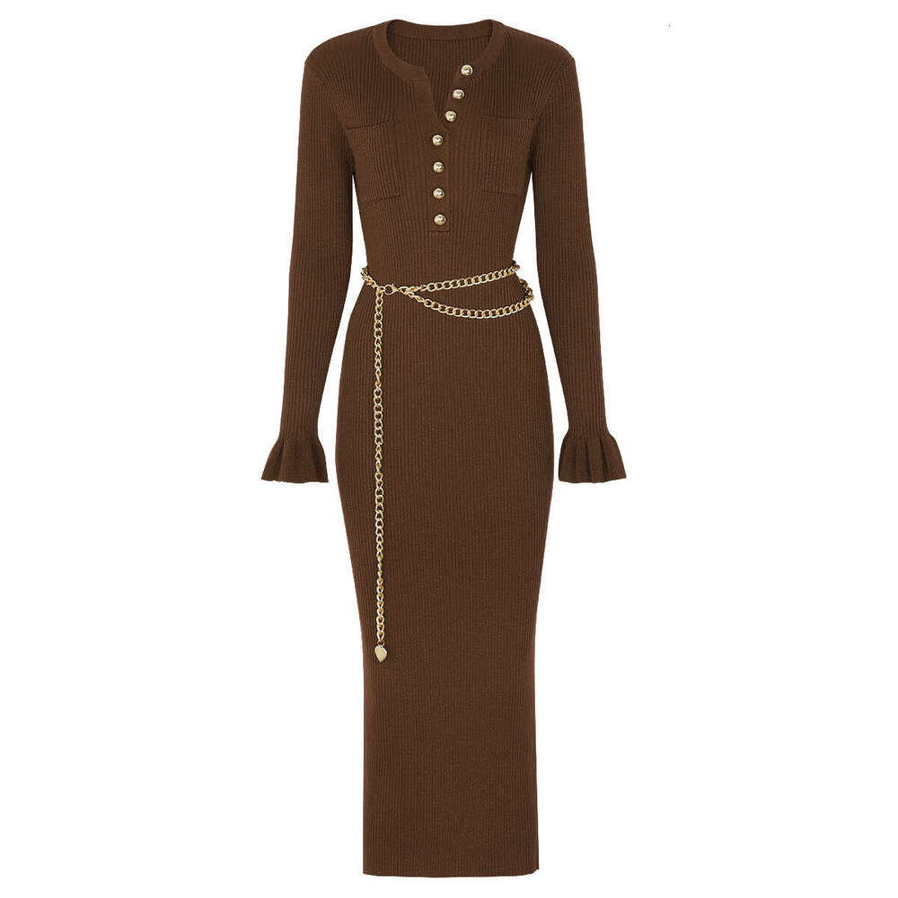 Spring and Autumn New Designer High Quality Fashion Knitted V-neck Slimming Chain Belt k30 Long Sleeve Dress