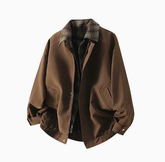 American checkered patch double-breasted jacket for men, spring-autumn British style, marron brown color, with a flight collar, for men H260403