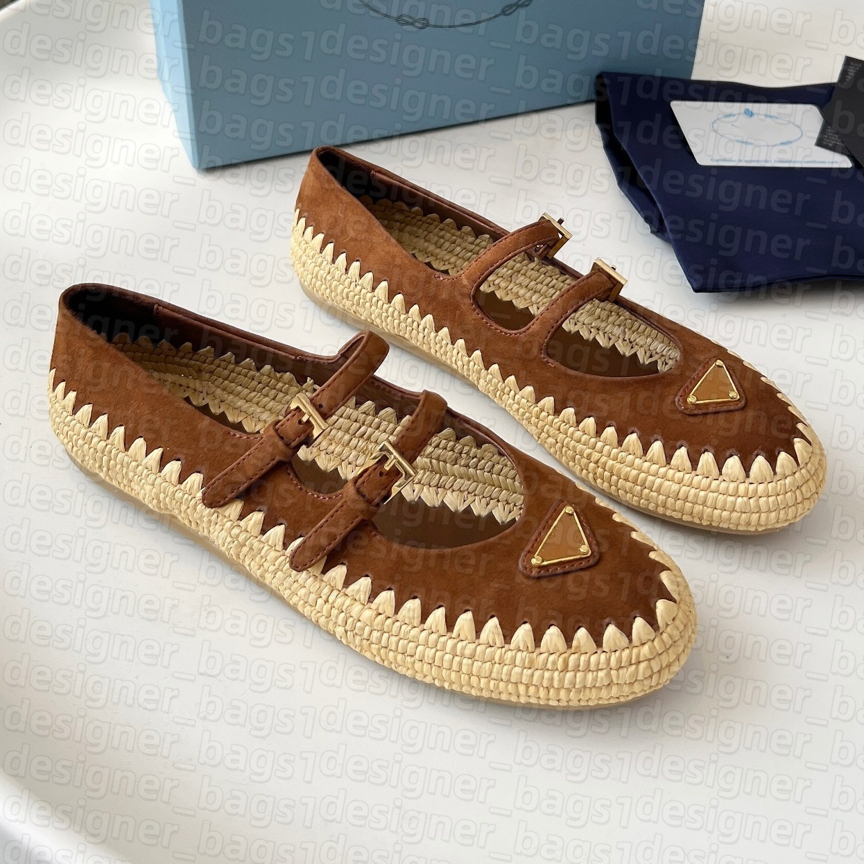 Summer Raffia weaving Mary Janes Designer shoes slide Luxury mordore nappa leather ballerinas Women Beach sandal Suede casual Mule Low heel mesh fabric Ballet shoes