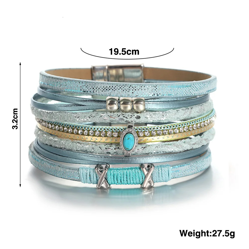 ALLYES Fashion Beads Cross Leather Bracelet for Women Men Chunky Rhinestone Chain Multilayer Wrap Wide Bracelets Party Jewelry 260318BJ - view 7