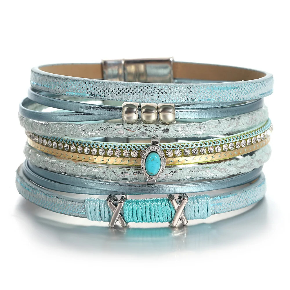 ALLYES Fashion Beads Cross Leather Bracelet for Women Men Chunky Rhinestone Chain Multilayer Wrap Wide Bracelets Party Jewelry 260318BJ - view 3
