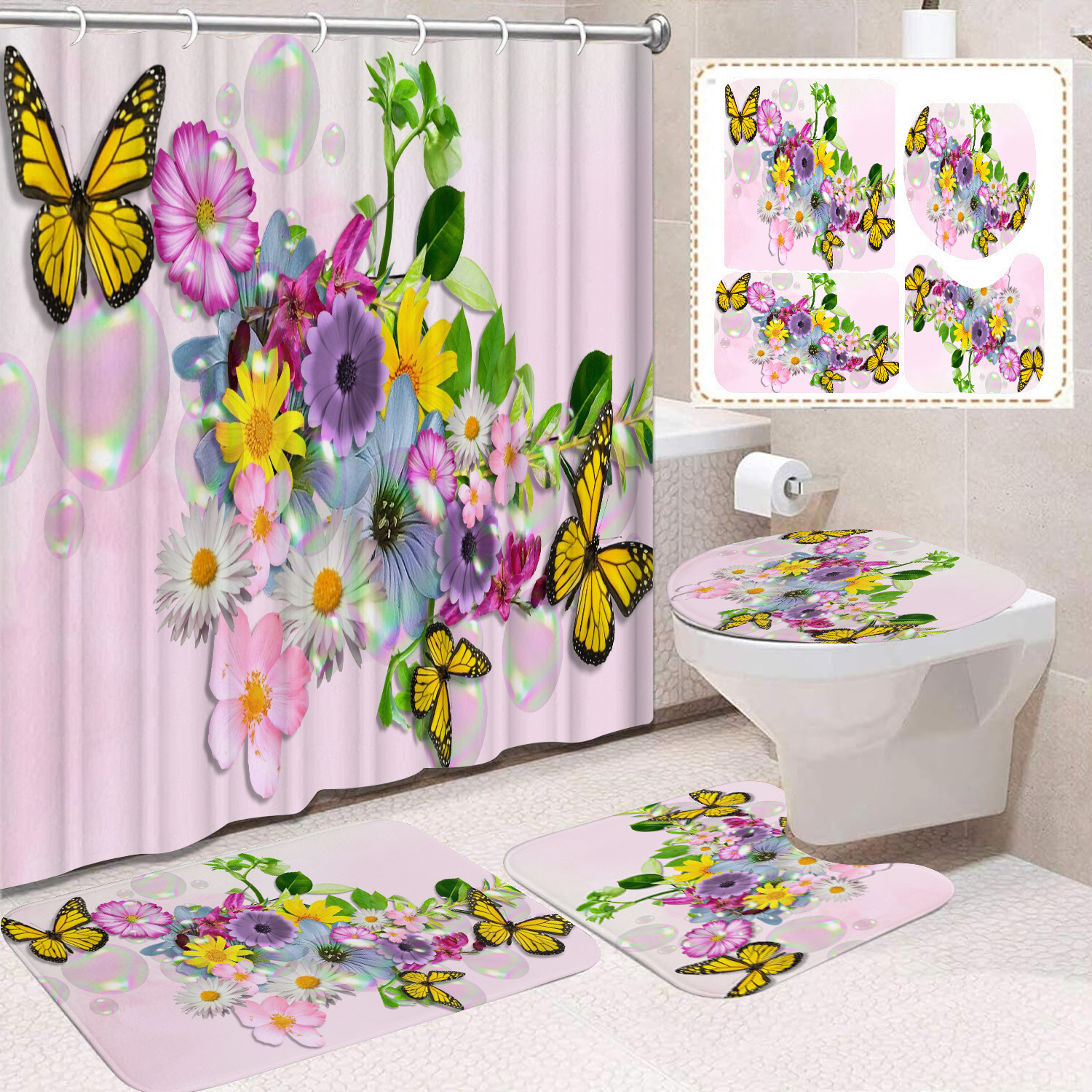 YL-38436 Home Decor Pink Butterfly and Flower Waterproof Shower Curtain Set (Four Pieces) - Factory Direct Sales