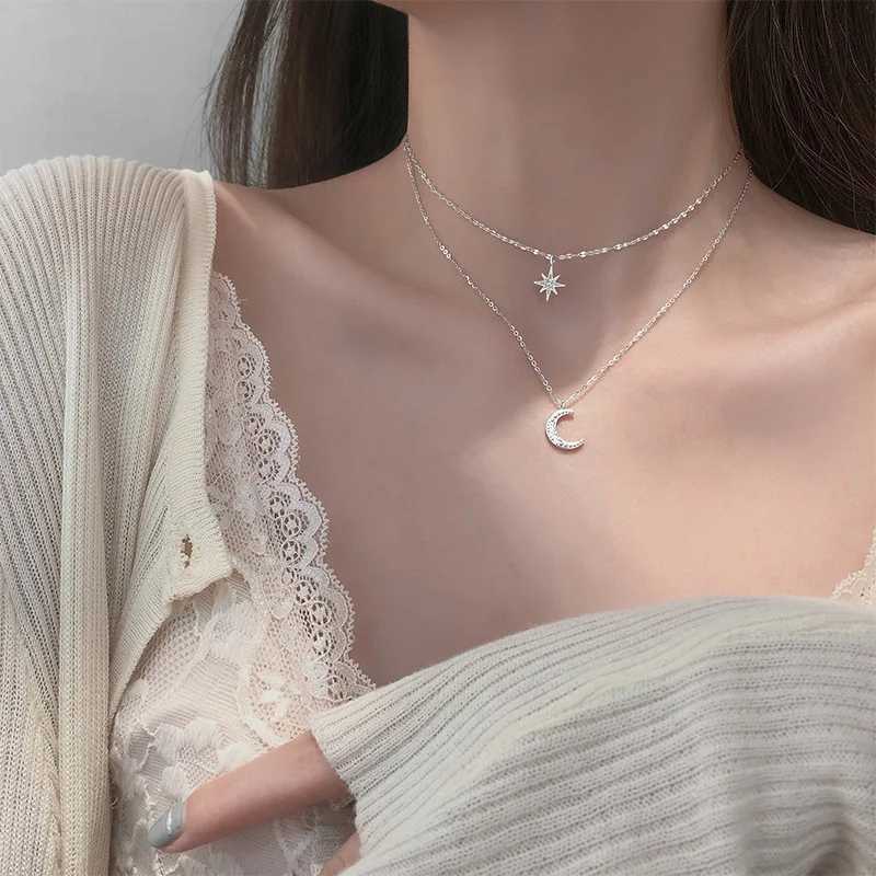 925 Silver Necklace for Women Double Layer Zircon Star Moon Pendant Necklace Delicate Chain Charm Elegant Fashion Jewelry Gifts H260403