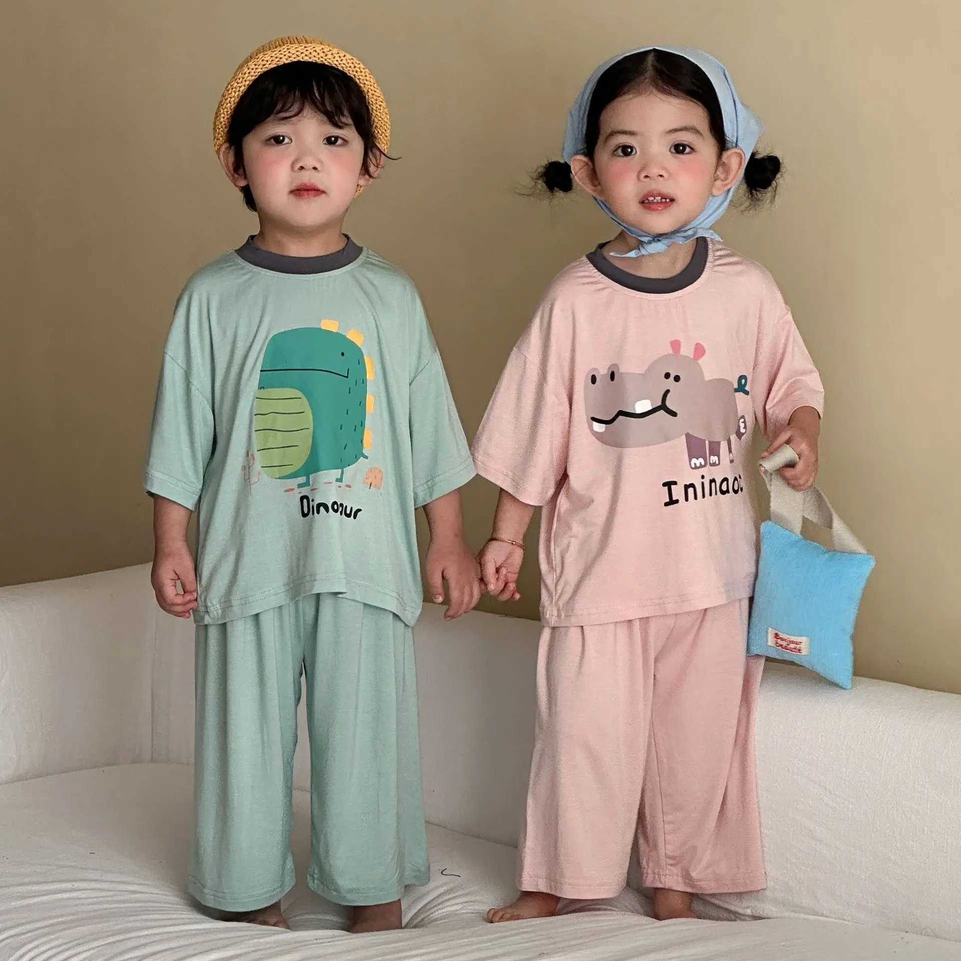 1-8Y Boys Summer Homewear 2pcs Kids T-Shirt and Long Pants Loungewear Girls Animal Print Pajama Set Childrens Sleepwear H260403