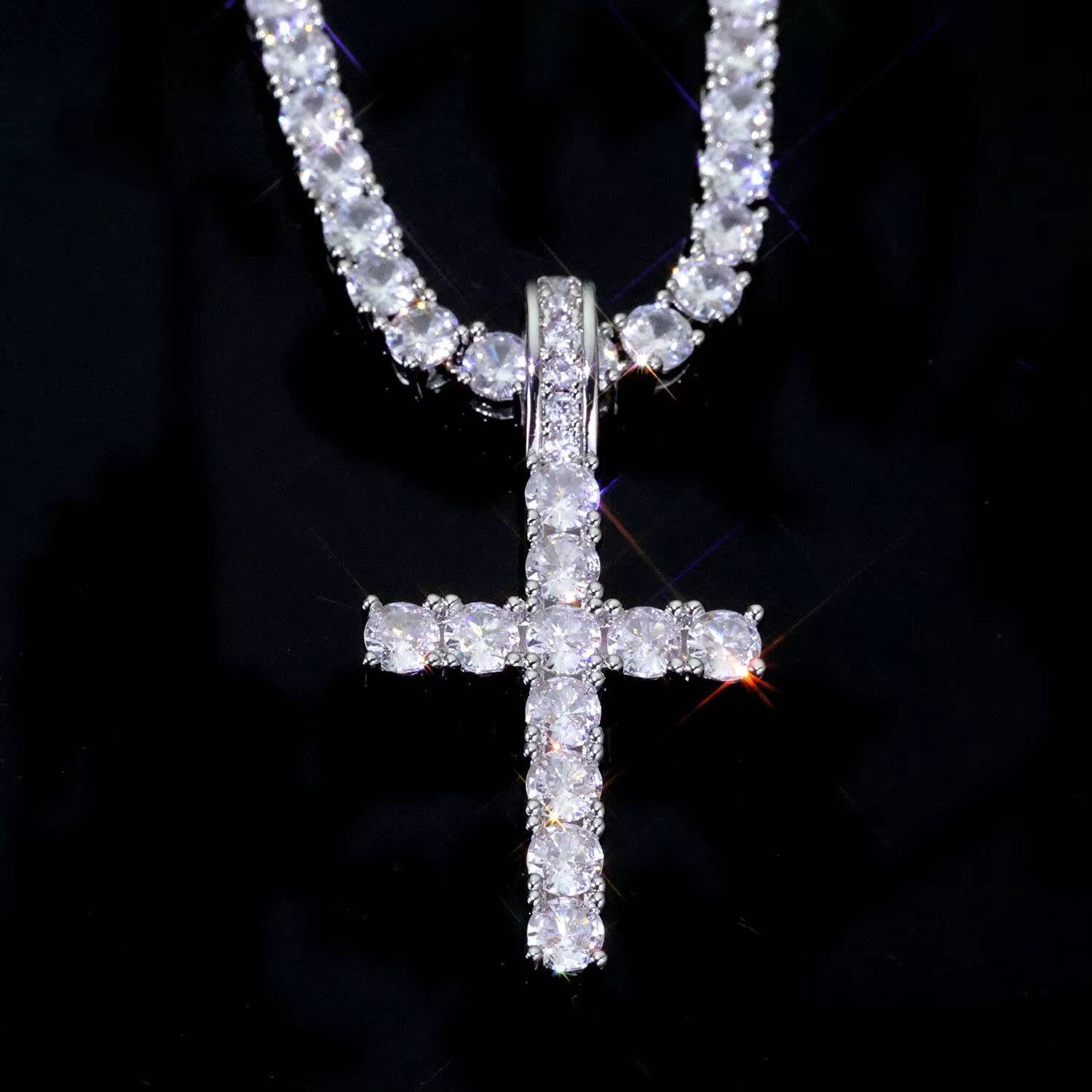 Moissanite Cross Pendant White Gold Tone Iced Out Round Stone Hip Hop Luxury Statement Necklace for Men