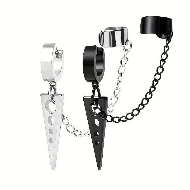2pcs Unisex Stainless Steel Punk Men Clip on Earrings Geometry Triangle Chain Pendant Dangle Hoop Earrings Women Gothic Jewelry H260403