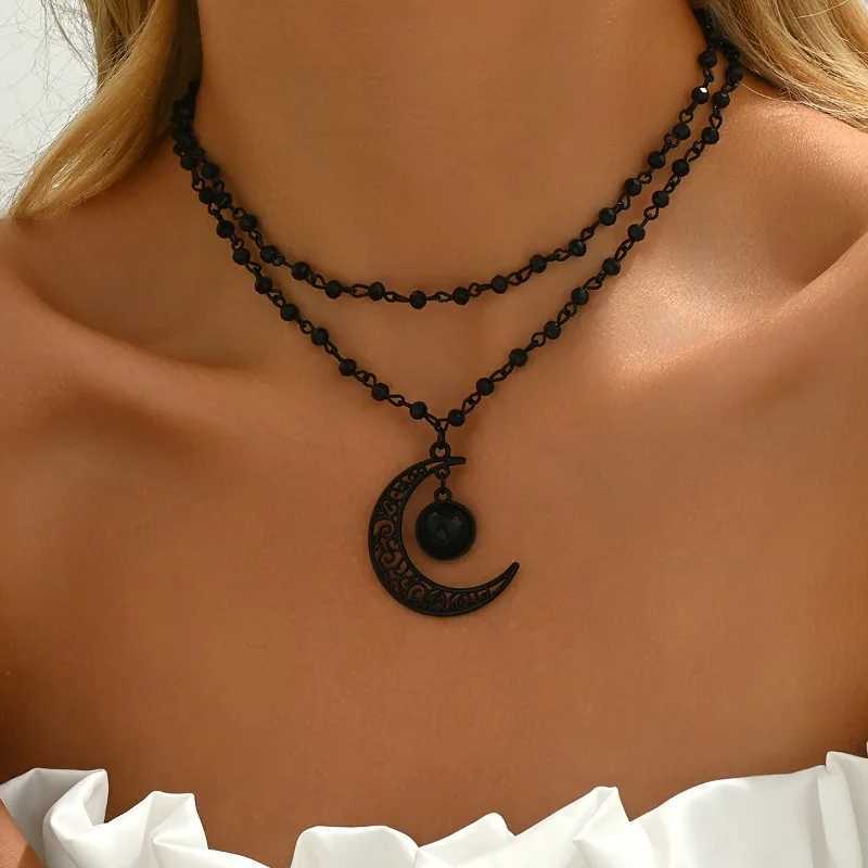 Gothic Retro Hollowed Out Moon Pendant Double Layered Necklace for Women Witch Dark Party Gift Outfit Accessory H260403