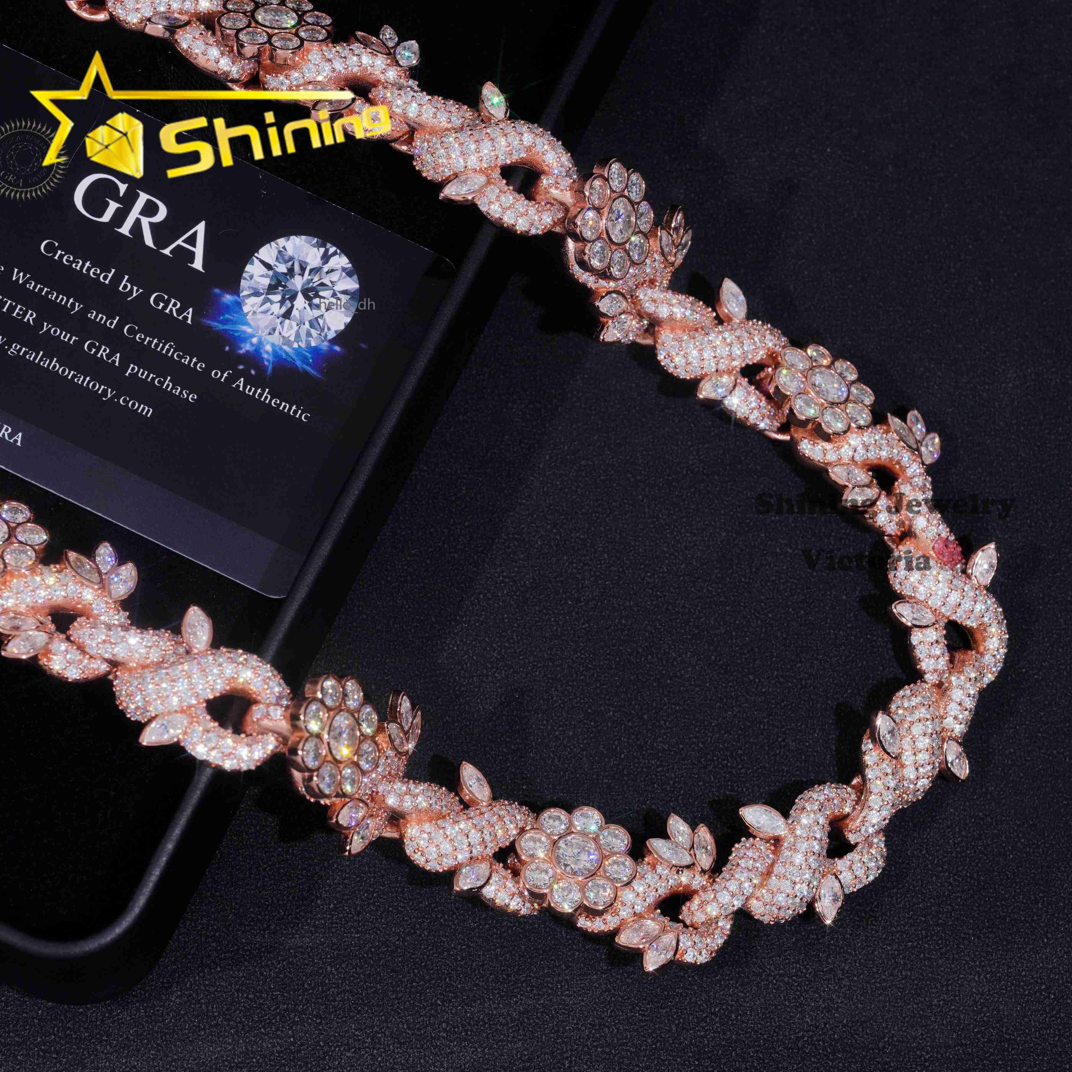 Hot Selling Hip Hop Necklace Fine Jewelry 18MM Fancy Cut Flower Design VVS Moissanite Rose Gold Cuban Link Chain