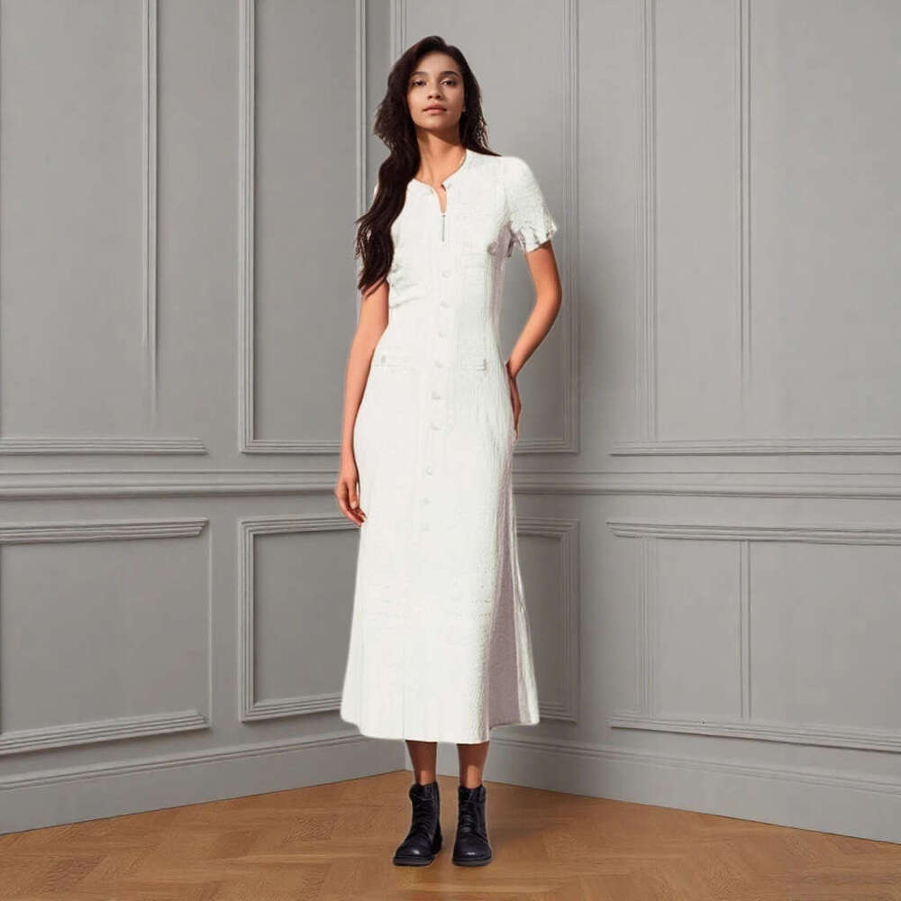 S brand's new short-sleeved knitted dress with round neck, single-breasted buttons, k30 hollow-out design, waist-cinching and slimming effect