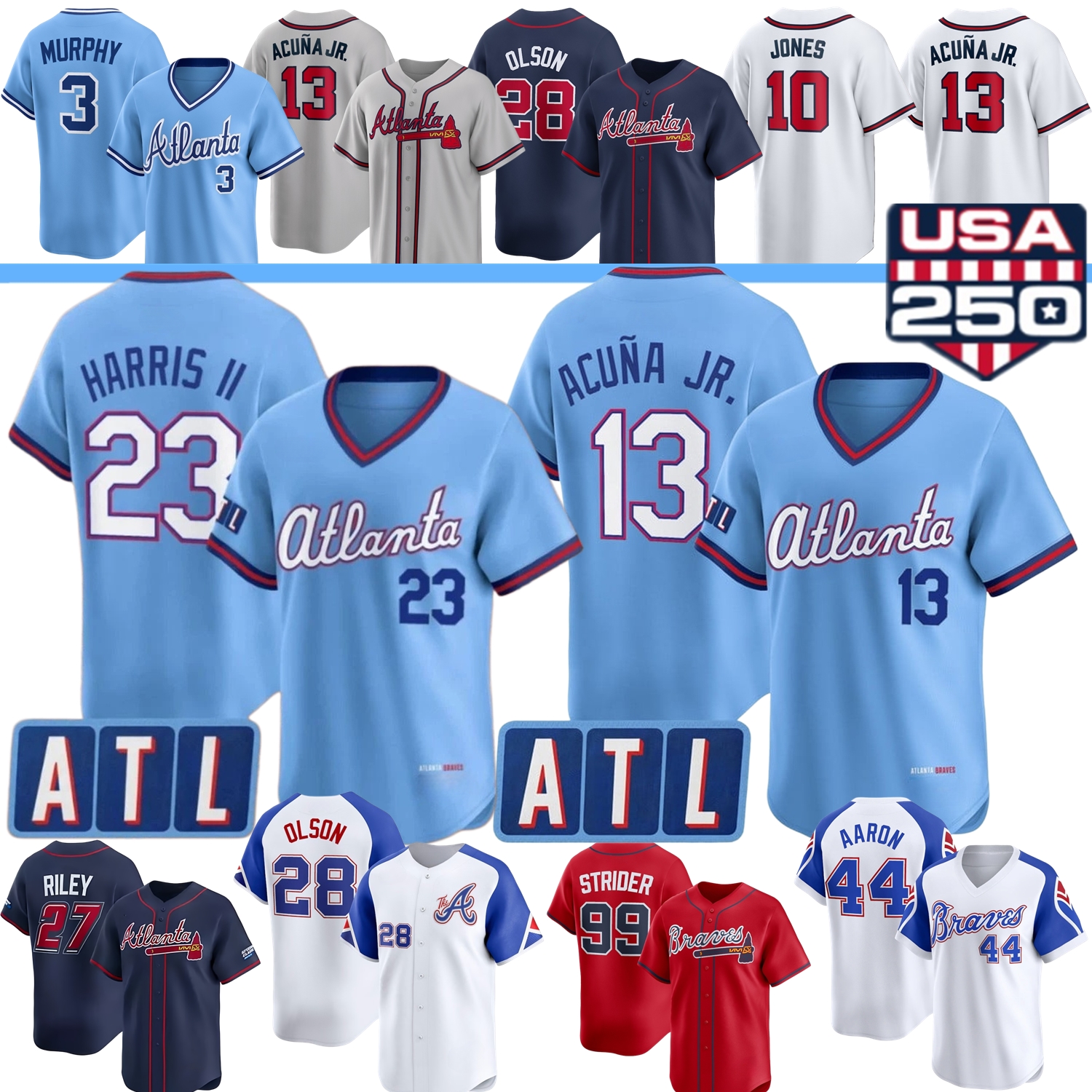 Braves Baseball Jersey Ronald Acuna Jr. Spencer Strider Raisel Iglesias H.S. Kim Matt Olson Ozzie Albies Austin Riley Harris II Smith-Shawver Schwellenbach Jimenez