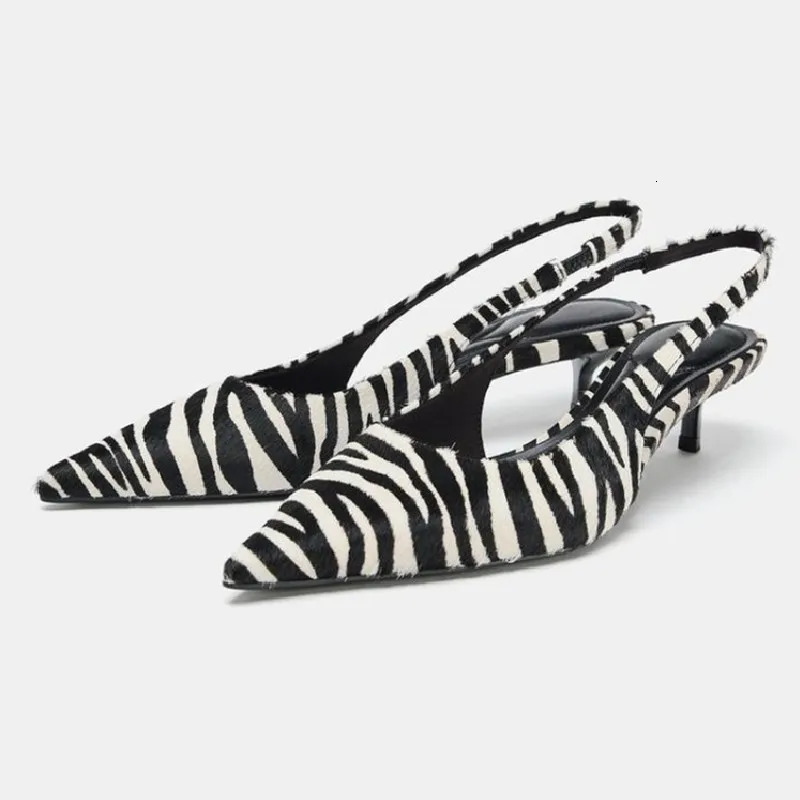 Stylish Zebra Print n High Heels for Women Sexy Pointed Toe Kitten Heels Sandals Comfortable Street Style Slingback Shoes 260402