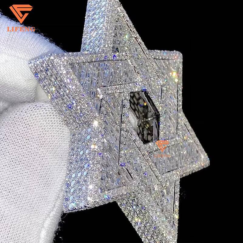 VVS Baguette Round Cut Moissanite Hip Hop Star of David Pendant Full Iced Out 18K Solid Gold Rappers Charm Pendant for Unisex