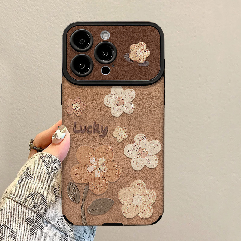 Designer Luxury Retro Floral Phone Case, Lucky Embossed Flower Pattern Full Lens Protection Shockproof Cover, Vintage Brown Leather Case For Iphone Se