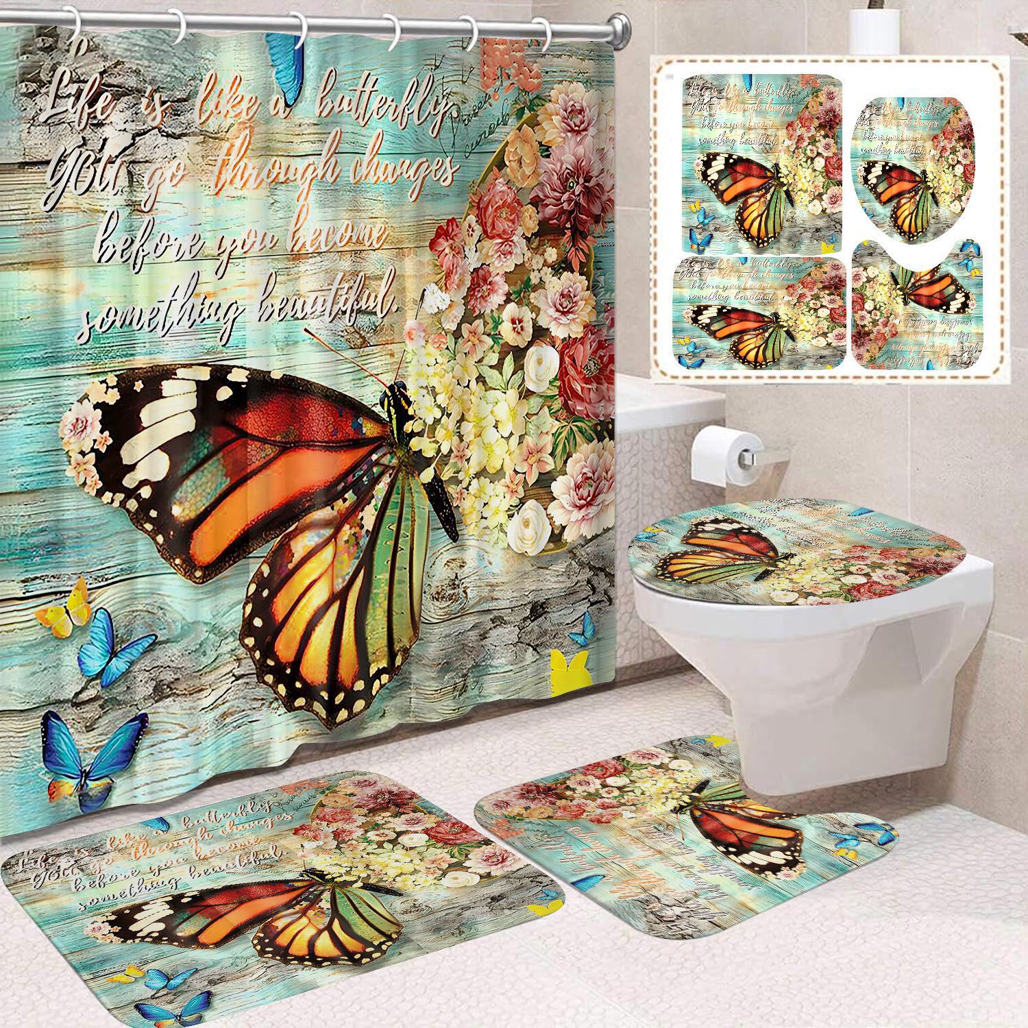 YL-38440 Home Decor Pink Butterfly and Flower Waterproof Shower Curtain Set (4 Pieces