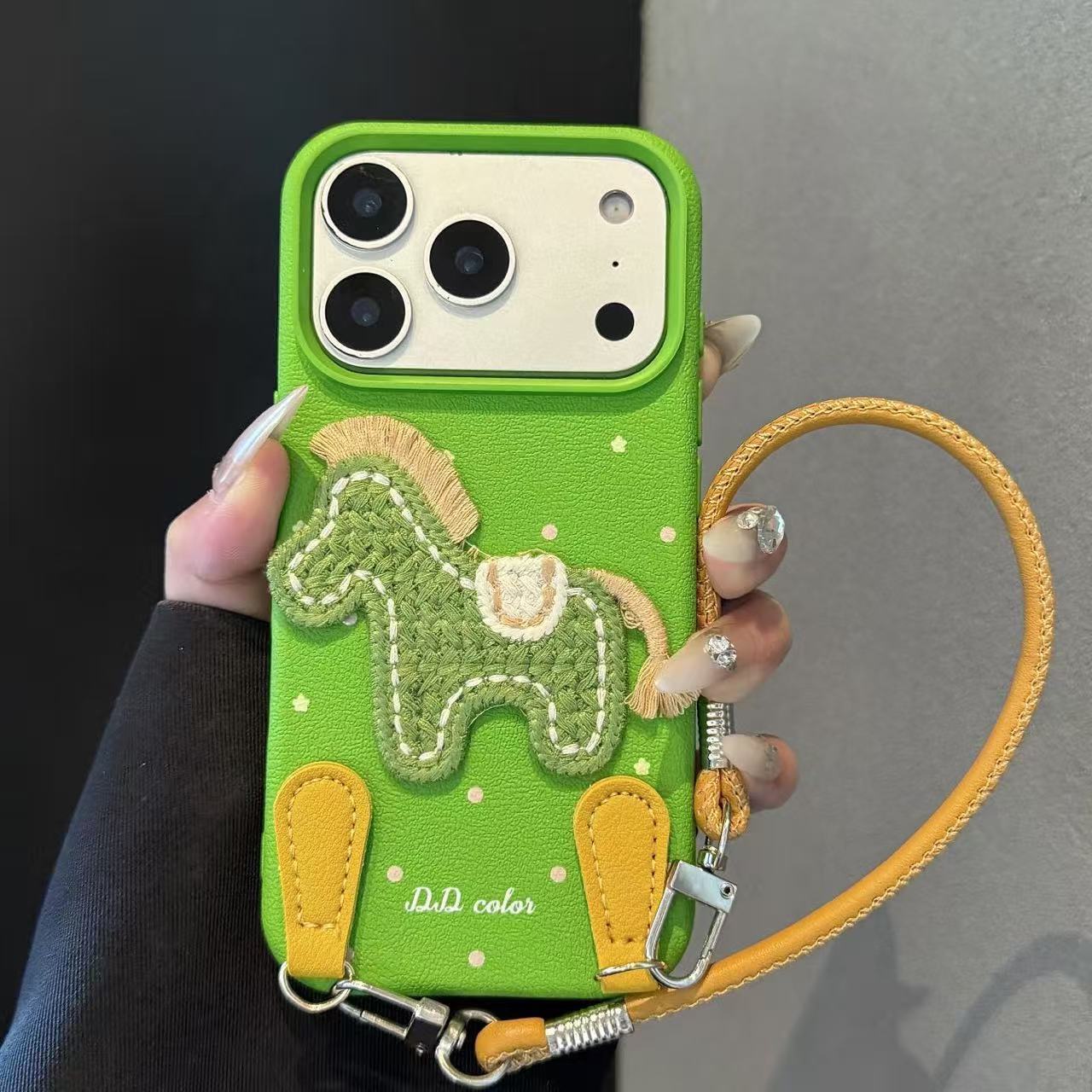 Designer Luxury Handcrafted Embroidered Horse Phone Case, Yellow Leather Wrist Strap Full Lens Protection Anti-fall Case For Iphone 15/14/13