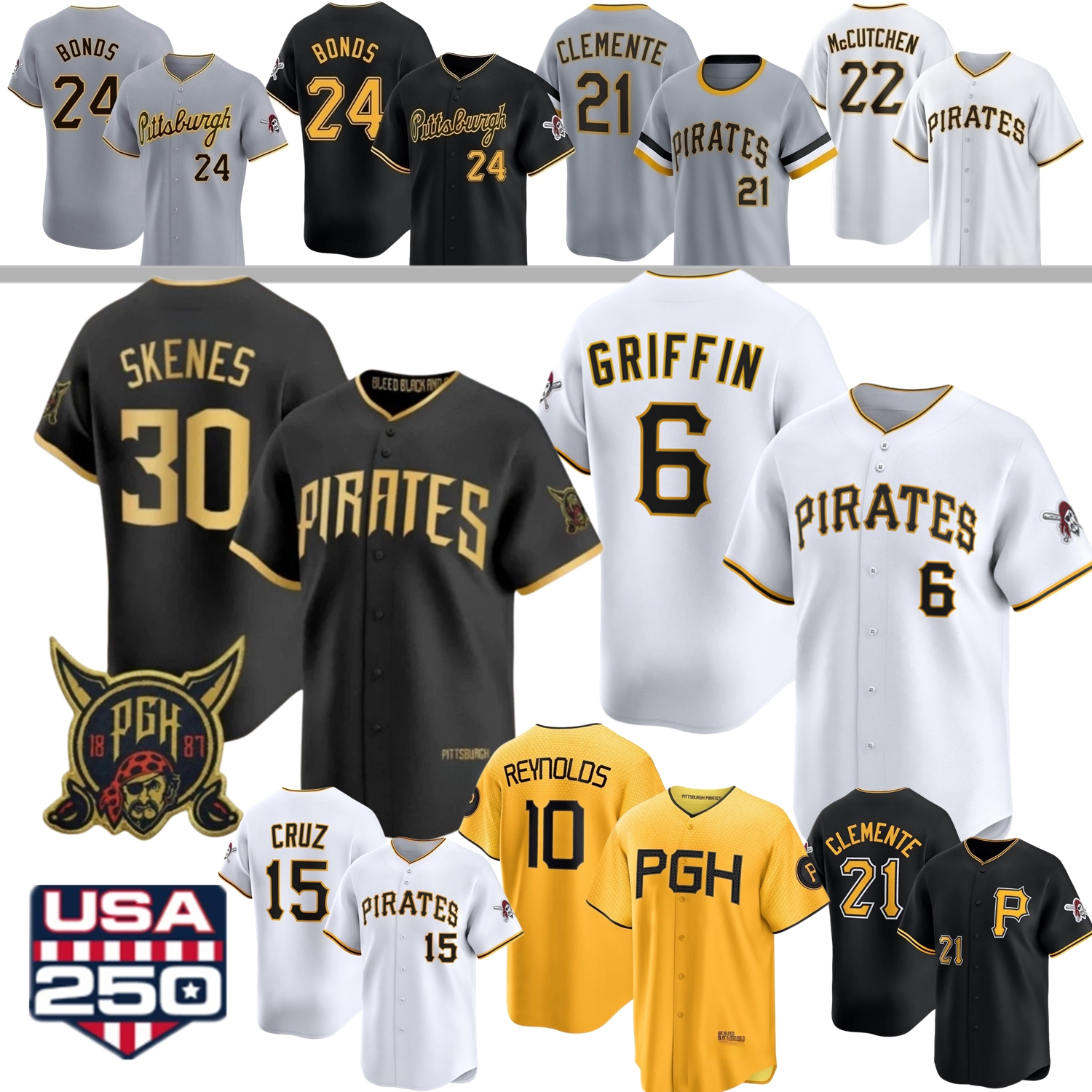 Pittsburghs Pirates Baseball Jersey Paul Skenes Roberto Clemente Konnor Griffin Bubba Chandler Johnson Cruz Bonds Reynolds Lowe Davis Bart McCutchen Hernandez