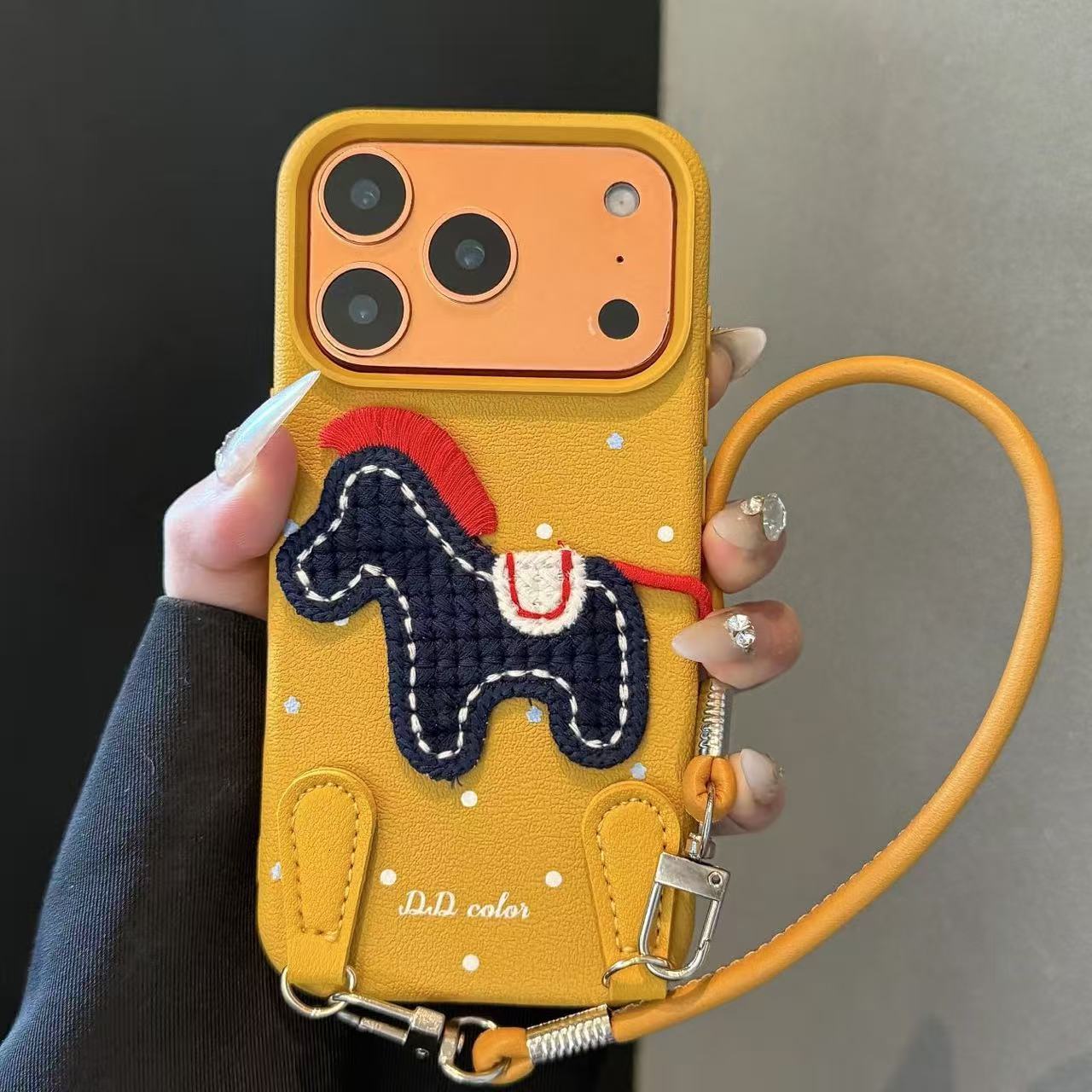 Designer Luxury Handcrafted Embroidered Horse Phone Case, Yellow Leather Wrist Strap Full Lens Protection Anti-fall Case For Iphone 15/14/13