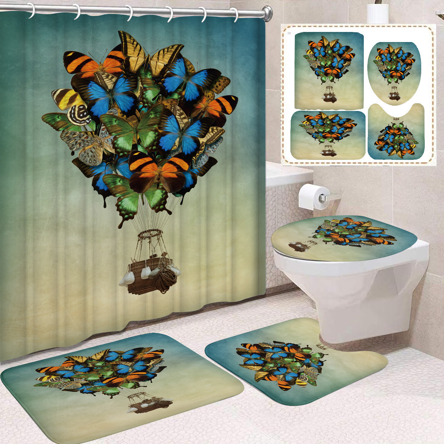 YL-38440 Home Decor Pink Butterfly and Flower Waterproof Shower Curtain Set (4 Pieces