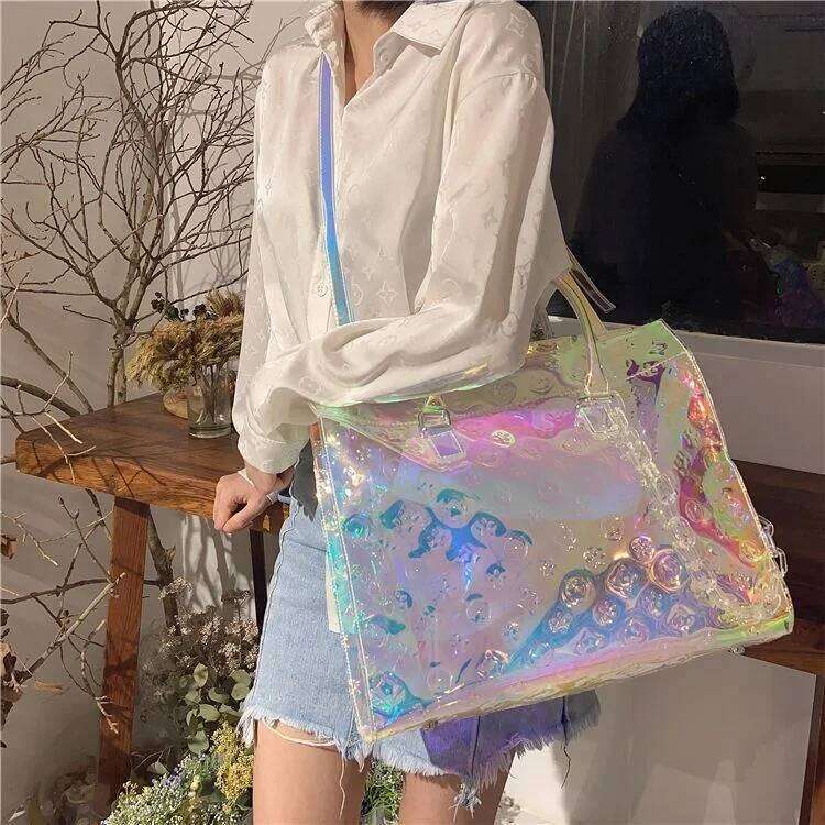 Tote Women TPU Transparent Tote Laser Holographic Colorful Shiny Travel Leisure Luggage Large Capacity Sports Gym Messenger Bag Clutch Bag