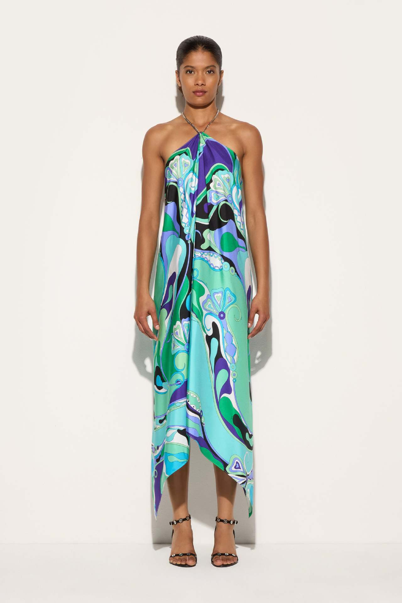 2025 New Printed Satin Simple Style Printed Halter Neck Long Dress Irregular Dress